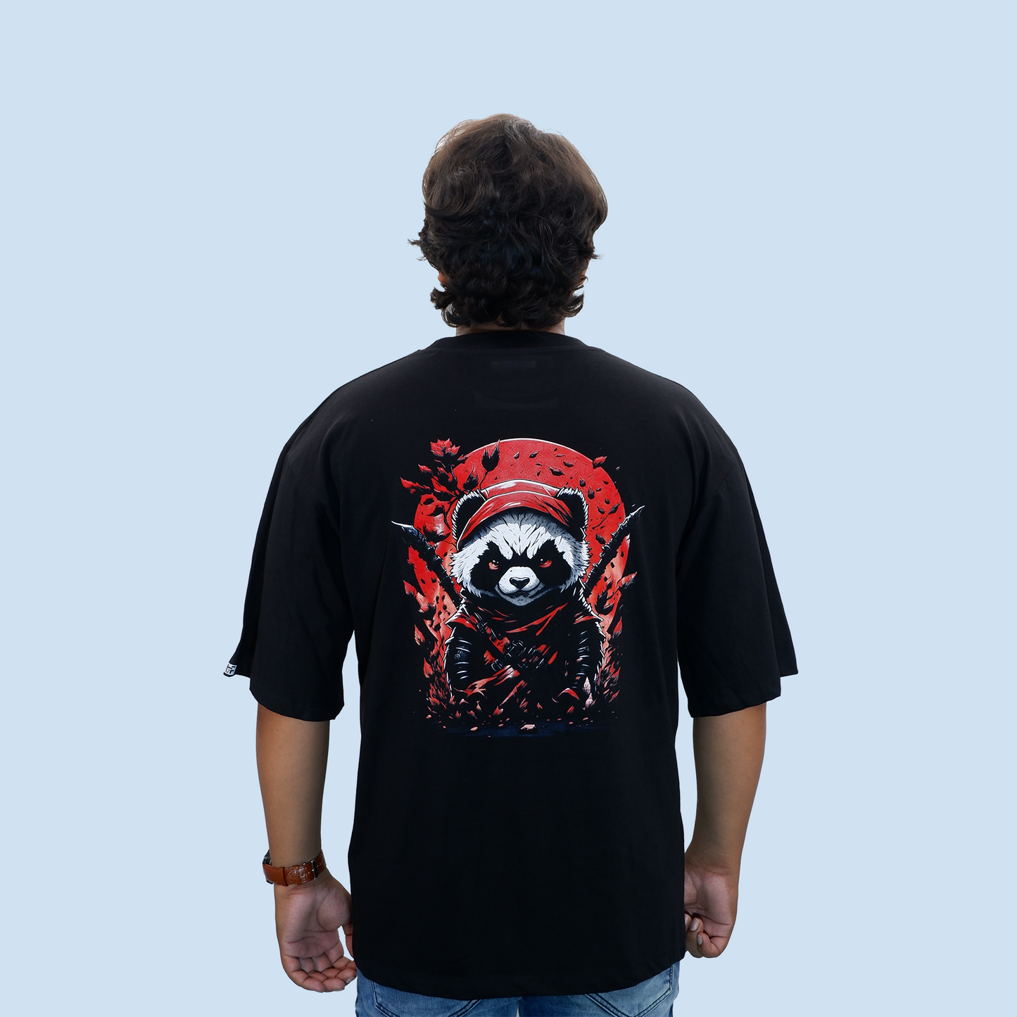 Ninja Panda Unisex Drop Shoulder Black T-shirt