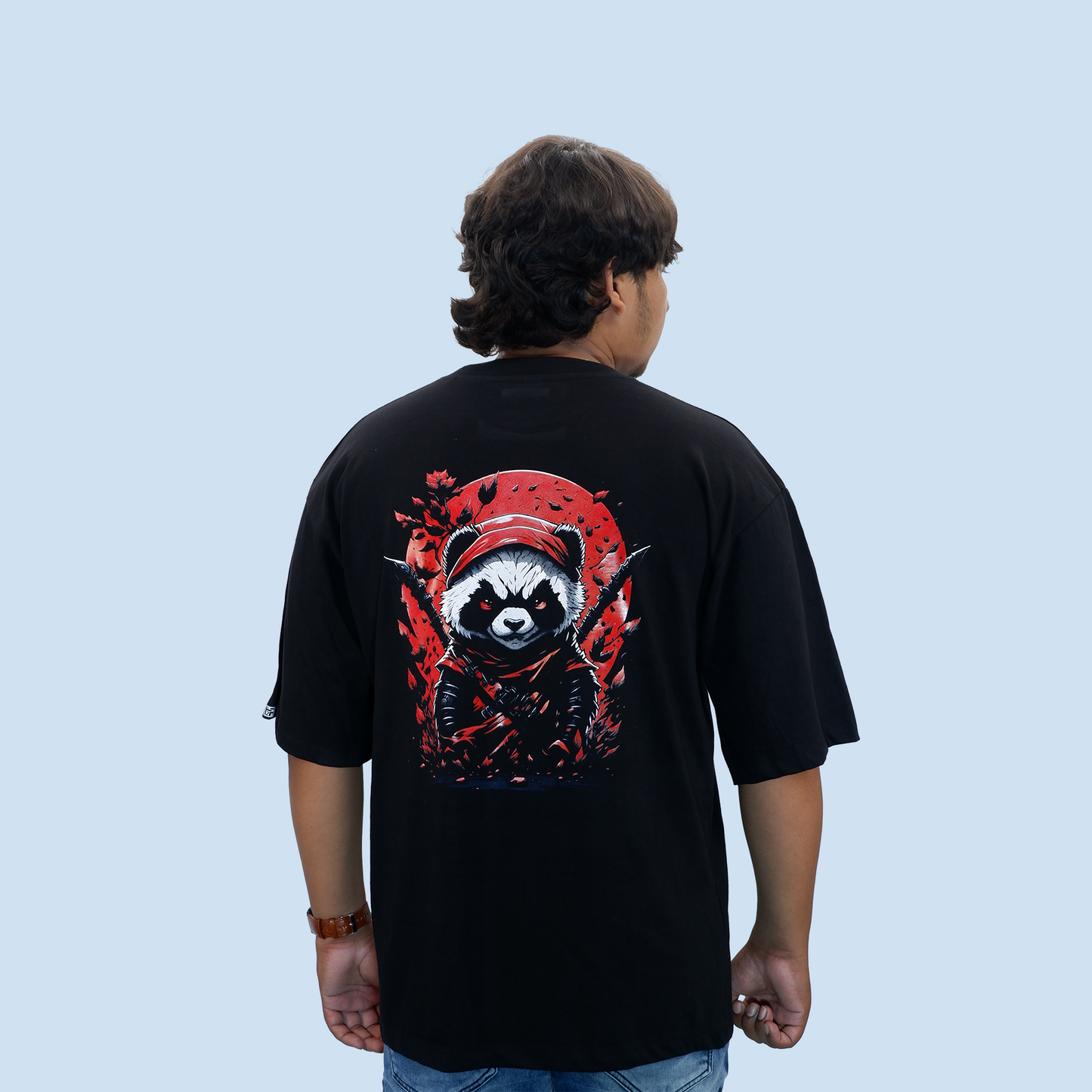 Ninja Panda Unisex Drop Shoulder Black T-shirt