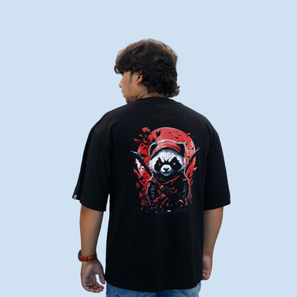 Ninja Panda Unisex Drop Shoulder Black T-shirt