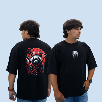 Ninja Panda Unisex Drop Shoulder Black T-shirt